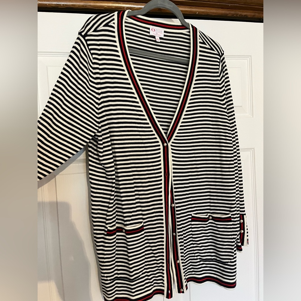 Talbots cardigan (Oprah collection). 1X. Navy & cream striped with red detail.